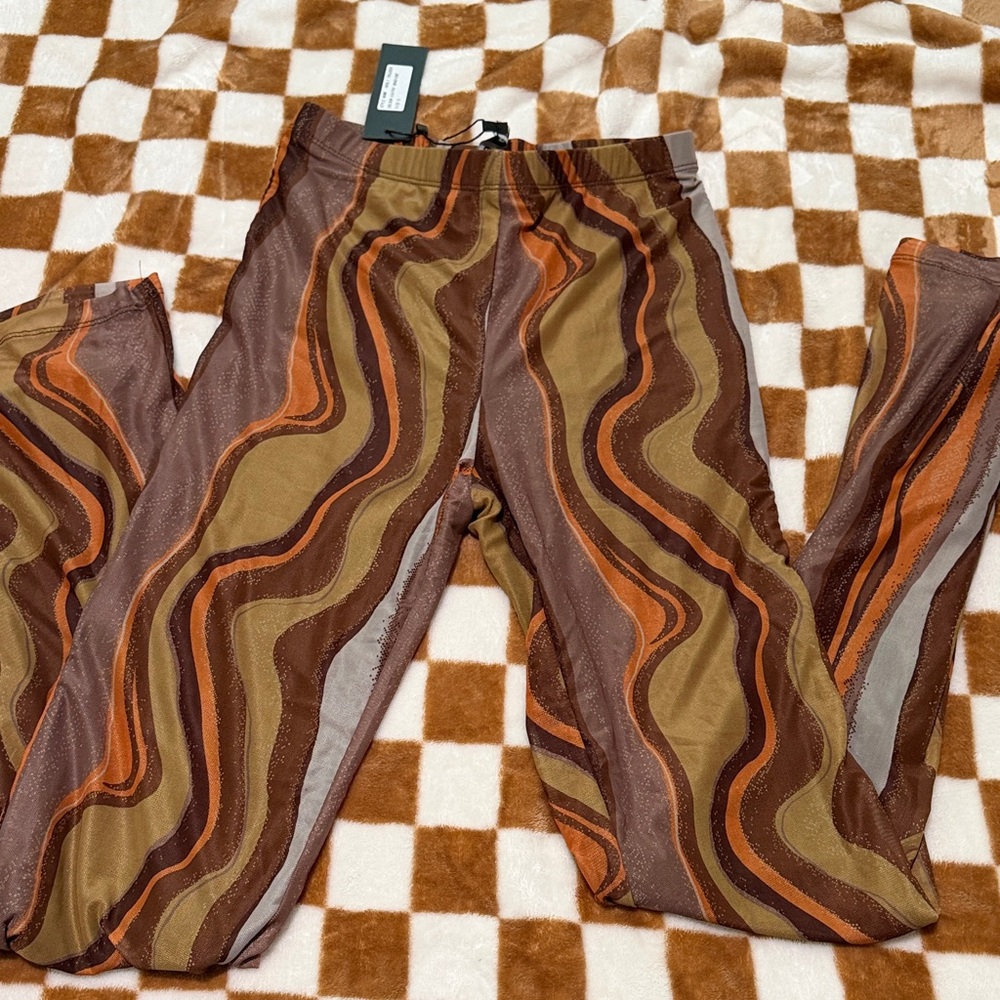 Motel Rocks NWT Retro Wavy Print Stretch Leggings - Brown & Olive Tones